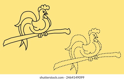 Vector illustration - sketch cock. Series of farm animals. Graphics, handmade drawing Rooster. Vintage engraving style. Isolated chicken bird on the beige background. It is sitting on a tree branch
