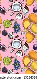Vector illustration sketch coconut, mango, pineapple, blueberry, fig. Illustration - exotic fruit.
