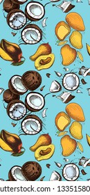 Vector illustration sketch coconut, mango. Illustration - exotic fruit.