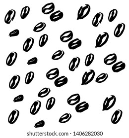 vector illustration, sketch of coffee beans, random pattern of simple objects. brush drawing for logo and corporate style of a cafe, restaurant, candy store. black beans on white background