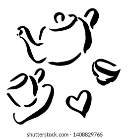 vector illustration, sketch of coffee, kettle, teapot, dummy, cup and heart. simple objects. brush drawing for logo and corporate style of a cafe, restaurant, candy store. 