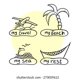 Vector illustration. Sketch. Collection of labels. travel and vacation on the beach.