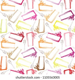 Vector illustration sketch of color cheesecake pattern with fork ink doodle