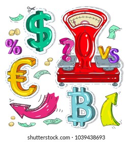 Vector illustration sketch, of comic style colorful icons, set supermarket and trade, scales, money signs and arrow.