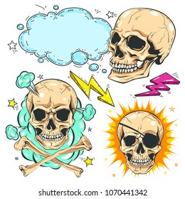 Vector illustration sketch, of comic style colorful icons, set skull, different skulls with bones on the background of lightning and clouds of explosion