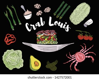  Vector illustration sketch - Crab Luis Salad marketCard menu. Vintage design template, banner. 