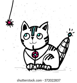 vector illustration, sketch, cute kitten robot is played with a rope. Picture for a card, notebook. Black and white graphics with vivid detail, draw a pencil