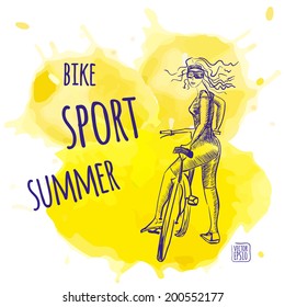 Vector illustration. Sketch. Cyclists, on background colored watercolor splashes