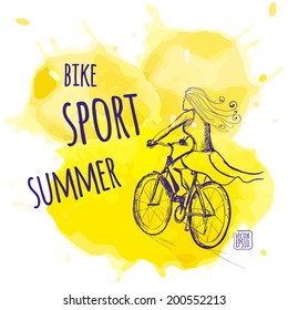 Vector illustration. Sketch. Cyclists, on background colored watercolor splashes