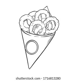 Vector illustration, sketch of delicious popular food. Fast Food: Onion Rings. Hand-drawn outline onion rings for typography, prints, coloring book, textile.