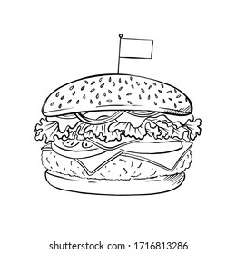 Vector illustration, sketch of delicious popular food. Fast Food: Hamburger. Hand-drawn outline burger for typography, prints, coloring book, textile.