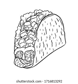 Vector illustration, sketch of delicious popular food. Fast Food: Tacos. Hand drawn outline tacos for typography, prints, coloring book, textile.