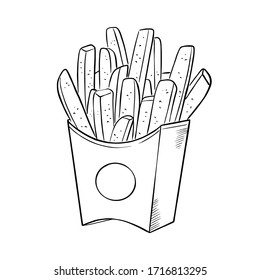 Vector illustration, sketch of delicious popular food. Fast Food: French Fries. Hand-drawn outline potato for typography, prints, coloring book, textile.