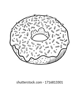 Vector illustration, sketch of delicious popular food. Fast food: donut with icing. Hand-drawn outline sweet cake for typography, prints, coloring book, textile.