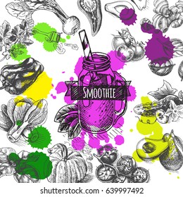 Vector illustration sketch - detox. 
Smoothies vintage design template, banner.