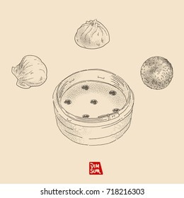 Vector illustration sketch - Dim Sum (Yum Cha). Include (Shrimp dumpling / Soup dumpling / Rice sesame ball)
Vintage design. used by dots and lines, easy using on the different background.