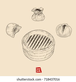 Vector illustration sketch - Dim Sum. Boiled dumpling.
Steamed dumpling. BBQ Pork Bun. Vintage design. Illustration used by dots and lines, easy using on the different background.