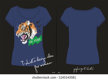 Vector illustration of sketch doodle hand drawn scribble growling tiger's head with lightnings, cartoon comic book shout Oh Yeah, fashion trendy print for t shirt, embroidery imitation, japanese style