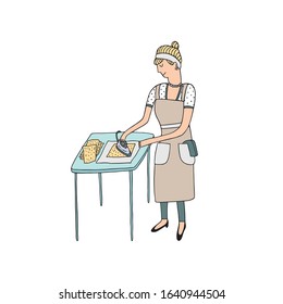 Vector illustration in sketch doodle style of a housewife woman in a hand making process. Hand drawn female in apron pressing hand made paper on a table with iron.