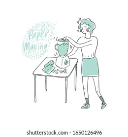 Vector illustration in sketch doodle style of a young woman in a hand making process. Hand drawn female making hand made paper on a table with the mixer or blender and scissors.