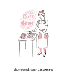 Vector illustration in sketch doodle style of a housewife woman in a hand making process. Hand drawn female in apron pressing hand made paper on a table with iron.