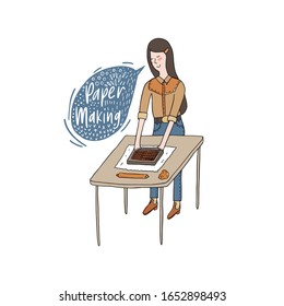 Vector illustration in sketch doodle style of a young pretty cowboy girl in a hand making process. Hand drawn female making hand made paper on a table with the mould and deckle, sponge and rolling pin