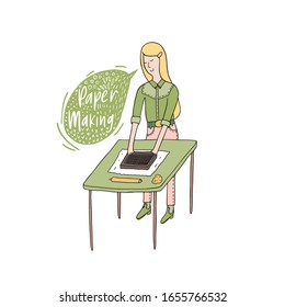 Vector illustration in sketch doodle style of a young pretty cowboy girl in a hand making process. Hand drawn female making hand made paper on a table with the mould and deckle, sponge and rolling pin
