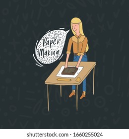 Vector illustration in sketch doodle style of a young pretty cowboy girl in a hand making process. Hand drawn female making hand made paper on a table with the mould and deckle, sponge and rolling pin