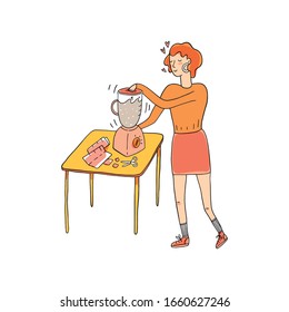 Vector illustration in sketch doodle style of a young woman in a hand making process. Hand drawn female making hand made paper on a table with the mixer or blender and scissors.