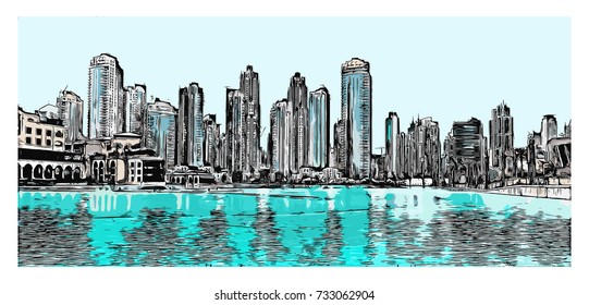 Vector illustration with sketch of Downtown Dubai, Marina, UAE.