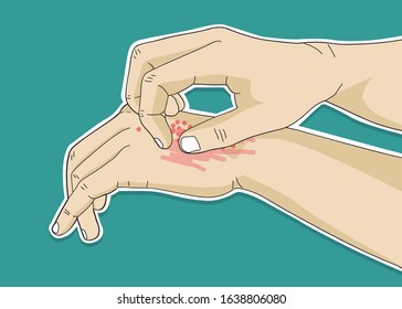 vector illustration sketch drawing of people with hand scratching on arm from body skin disease irritated and itching.