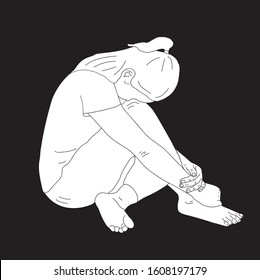 Vector illustration sketch drawing of Sad people, disappointed, sitting, hugging their knees and crying, symptoms of depression.