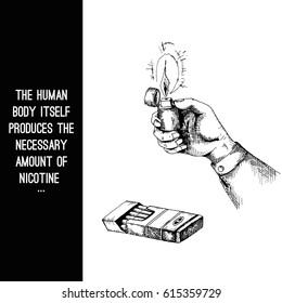 Vector illustration sketch drawn by hand. Hand with a cigarette lighter, and a pack of cigarettes. Done in black and white. Isolated objects on a white background.