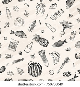 Vector illustration. Sketch drawn products seamless pattern. Pen style vector objects.