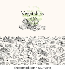 Vector illustration. Sketch drawn vegetables : carrot, beet, pepper, celery, pea, onion, cabbage, tomato, zucchini, eggplant. Element of seamless pattern .