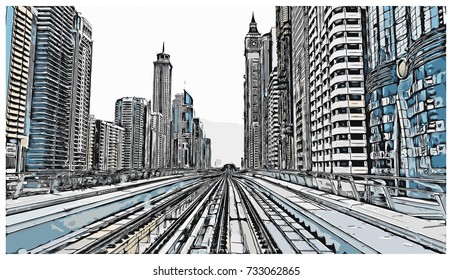 Vector illustration with sketch of Dubai Metro Rail track of Dubai UAE.