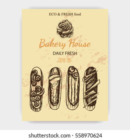 Vector illustration sketch eclair.
Card menu profiterole.