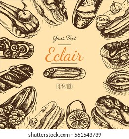 Vector illustration sketch eclair.
Card menu profiterole.