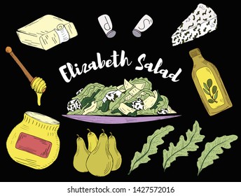 Vector illustration sketch - Elizabeth Salad marketCard menu. Vintage design template, banner. 