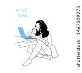 vector illustration sketch e-mail time, the girl with a laptop at work in the home