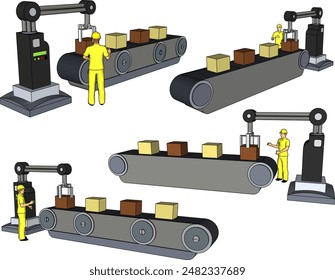 Vector illustration sketch of factory machine design drawing for industry with employees operating the tools