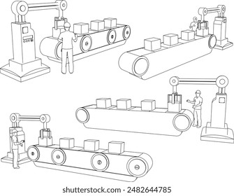 Vector illustration sketch of factory machine design drawing for industry with employees operating the tools