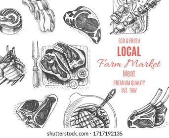 Vector illustration sketch - farm market. Card local meat shop. vintage design template, banner.