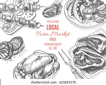 Vector illustration sketch - farm market
Card local meat shop. vintage design template, banner.