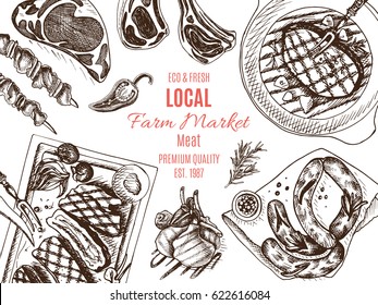 Vector illustration sketch - farm market
Card local meat shop. vintage design template, banner.