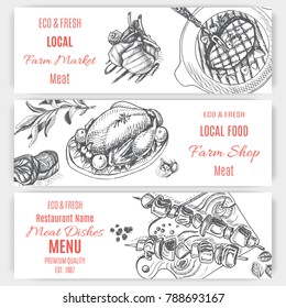 Vector illustration sketch - farm market. Card local meat shop. vintage design template, banner.
