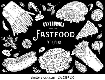 Vector illustration sketch fastfood marketCard menu seafood on black background. vintage design template, banner.