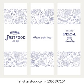 Vector illustration sketch fastfood marketCard. Vintage design template, banner isolated white