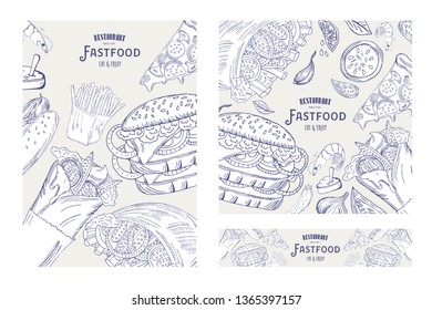 Vector illustration sketch fastfood marketCard. Vintage design template, banner isolated white