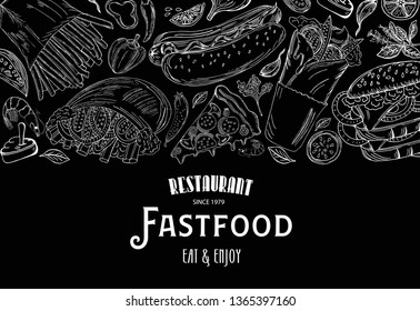 Vector illustration sketch fastfood marketCard menu on black background. vintage design template, banner.